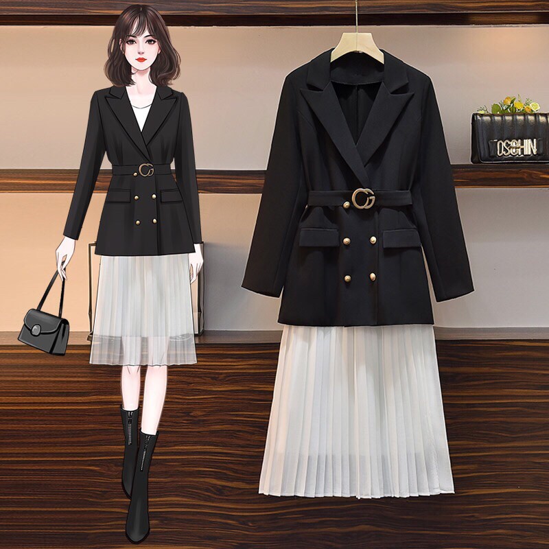 Set áo blazer có đai kèm chân váy sang trọng (order)