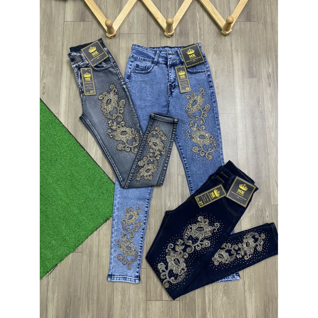 Quần jean dài nữ thêu hoa lưng cao có size đại