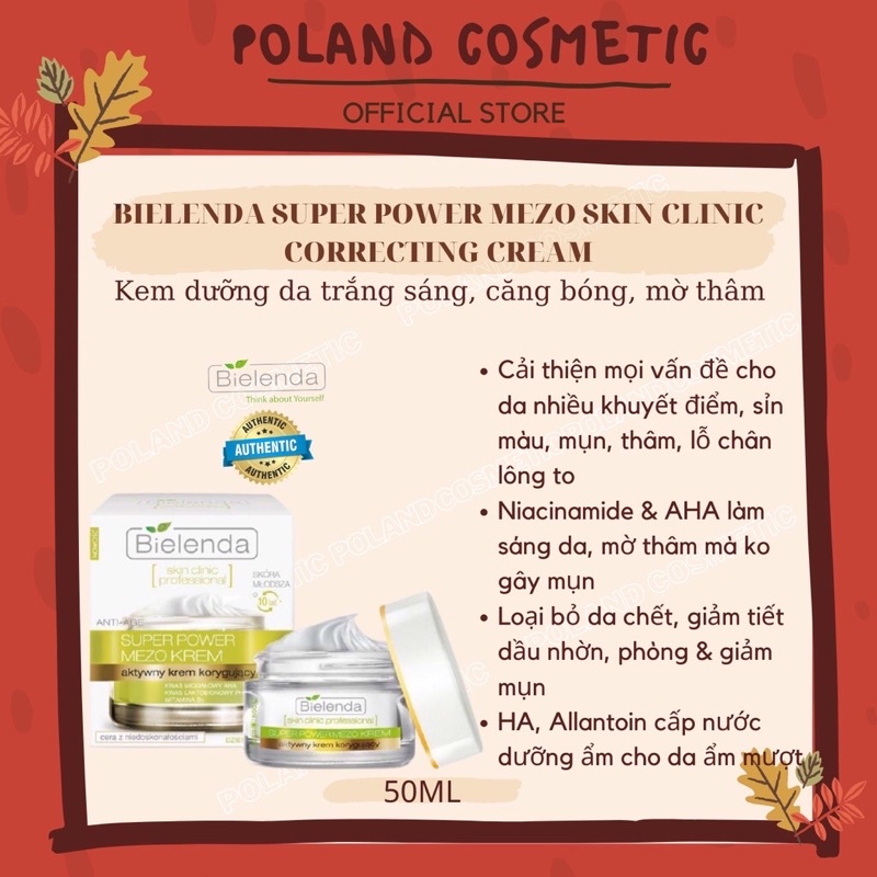 Kem dưỡng Bielenda Super Power Mezo Skin Clinic trắng da chống lão hoá mờ thâm nám giảm mụn 50ml