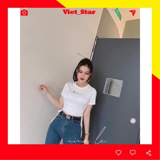 Áo croptop body ôm cổ tròn rút dây 2 bên eo, chất thun bozip, 2 màu đen/trắng VST