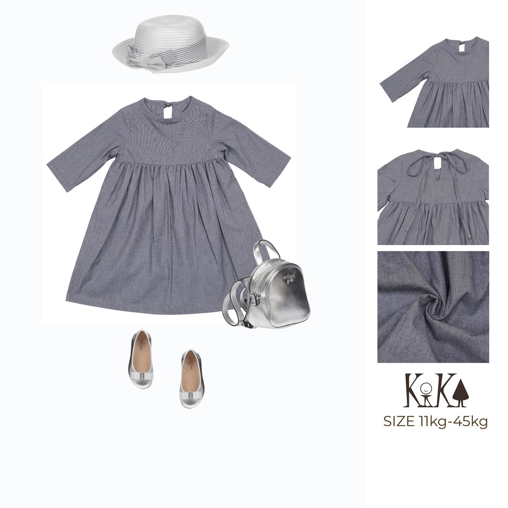 KIKA] Váy đầm bé gái chambray mầu xám cổ chui 2 lớp - K005