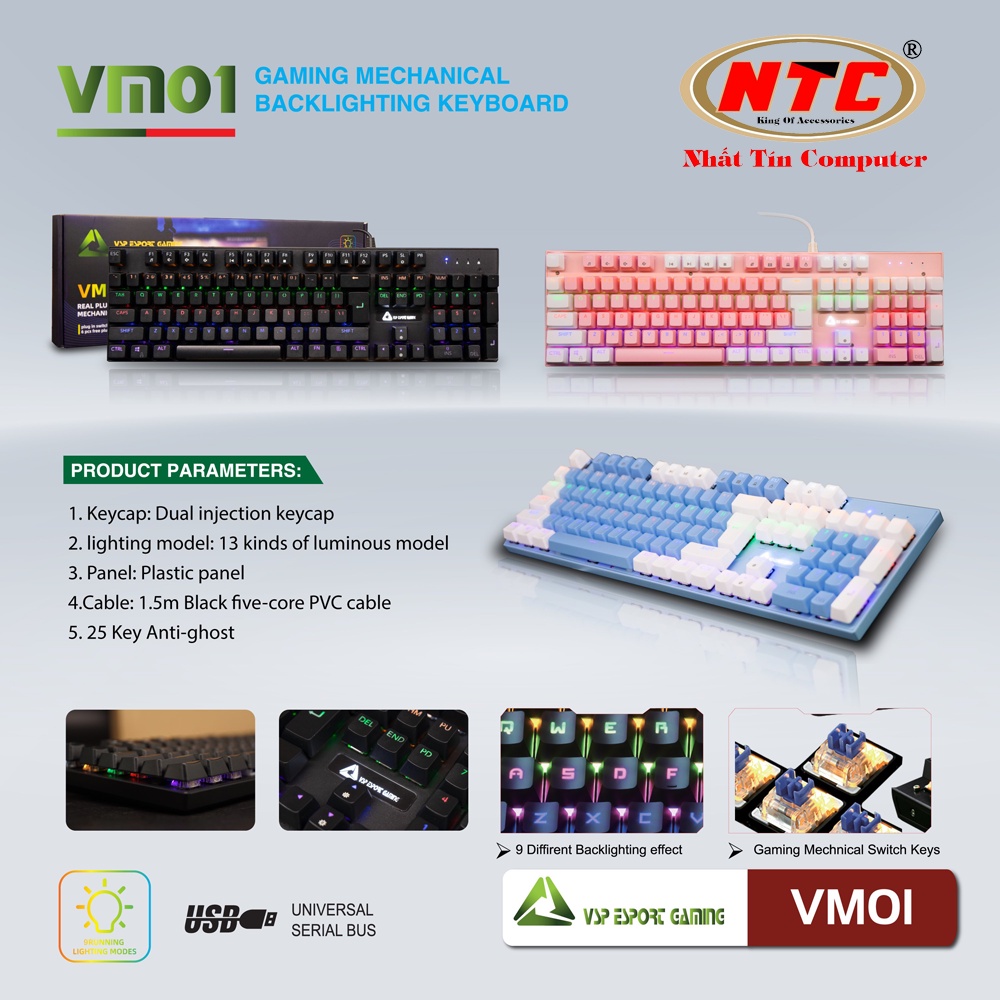 Bàn phím Cơ Gaming VSP Esport VM01 - 13 chế độ Led, Anti Ghost 25 phím - Hãng phân phối