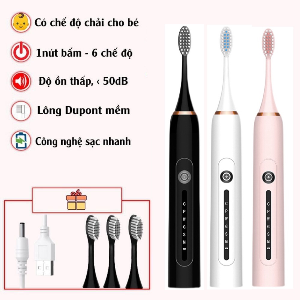 Bàn chải điện Sonic X7 bản nâng cấp Tặng 3 Đầu Bàn Chải Công nghệ Châu Âu 6 Chế Độ Rung, Sạc 1 Lần Dùng 2 Tháng