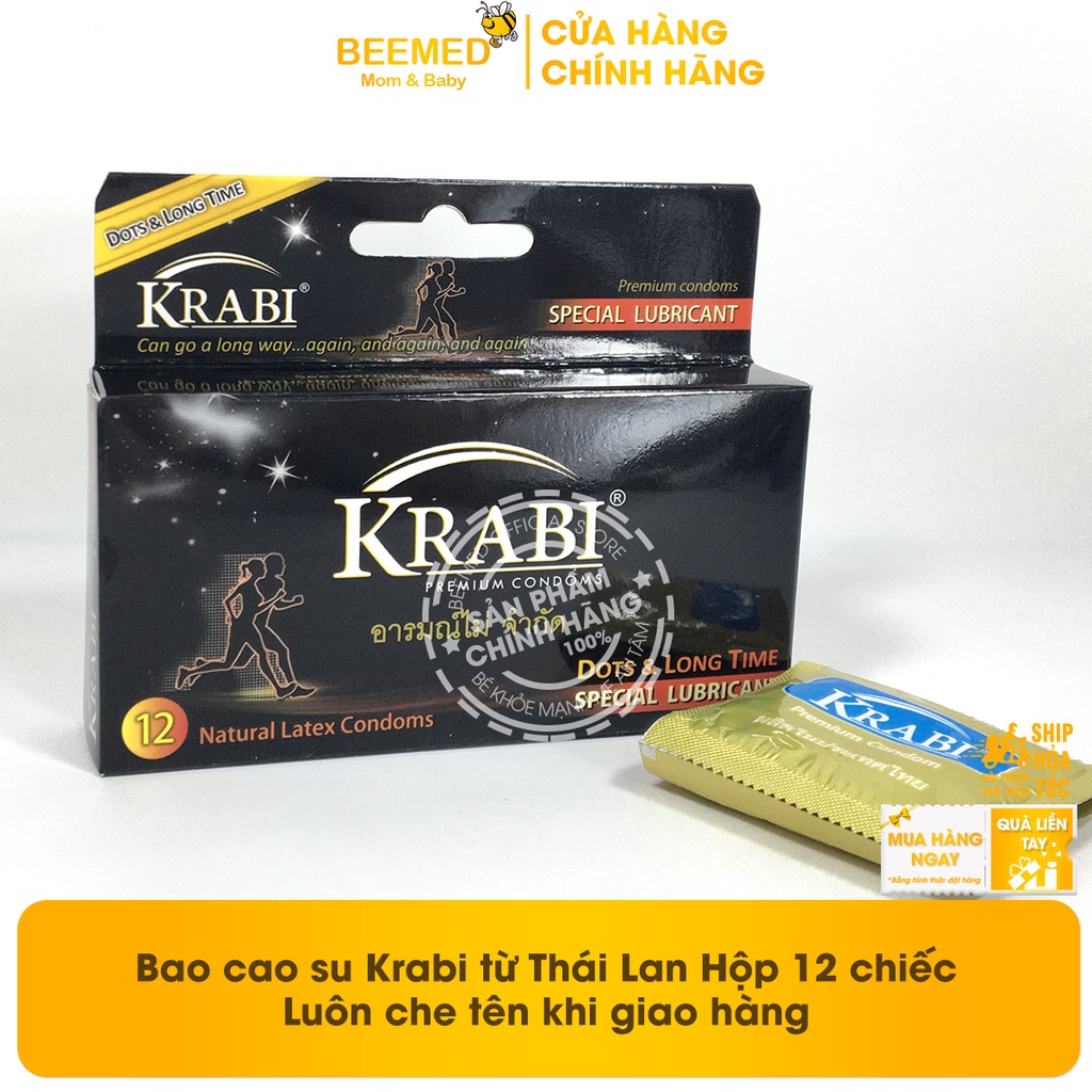 Bao cao su Krabi - bcs gân gai siêu mỏng, kéo dài thời gian và bôi trơn, 49mm đôn dên - Hộp 12 chiếc condom từ Thái Lan