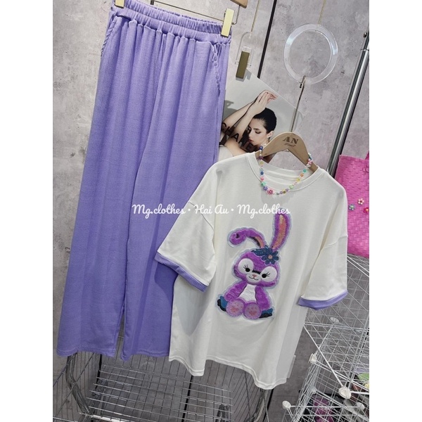 Set áo cotton thỏ tím phối viền tay quần gân xinh xắn P3