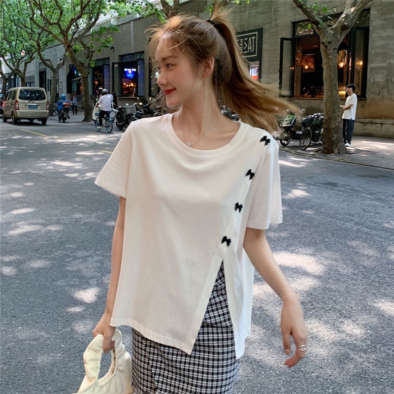 Áo Thun Tay Ngắn Màu Trắng Năng Động Thời Trang 164210 Áo Thun Cổ Tròn Đính Nơ Thời Trang