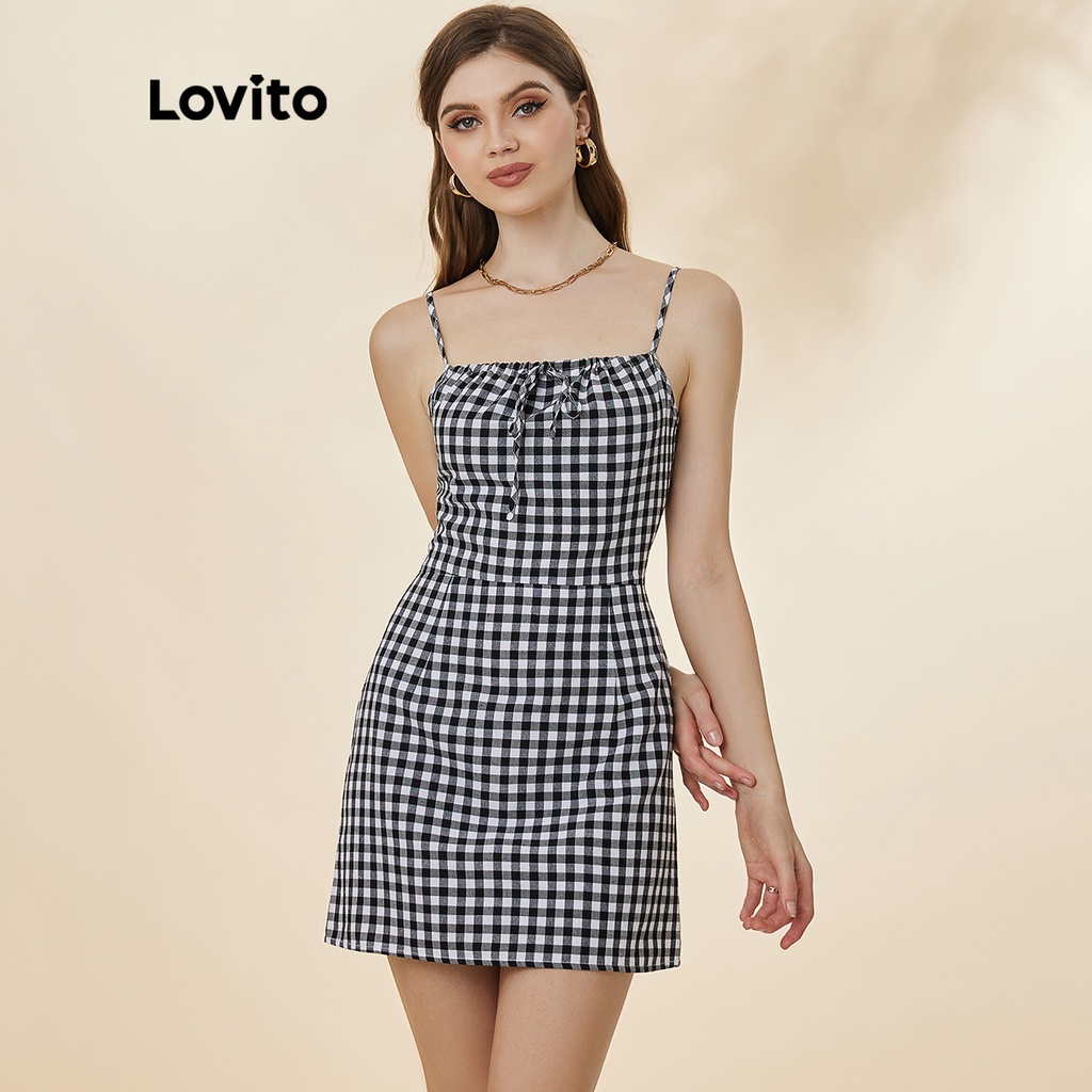 Đầm Lovito phong cách thường ngày họa tiết sọc ca rô buộc phía trước dây mảnh L19D156 (màu đen và trắng)