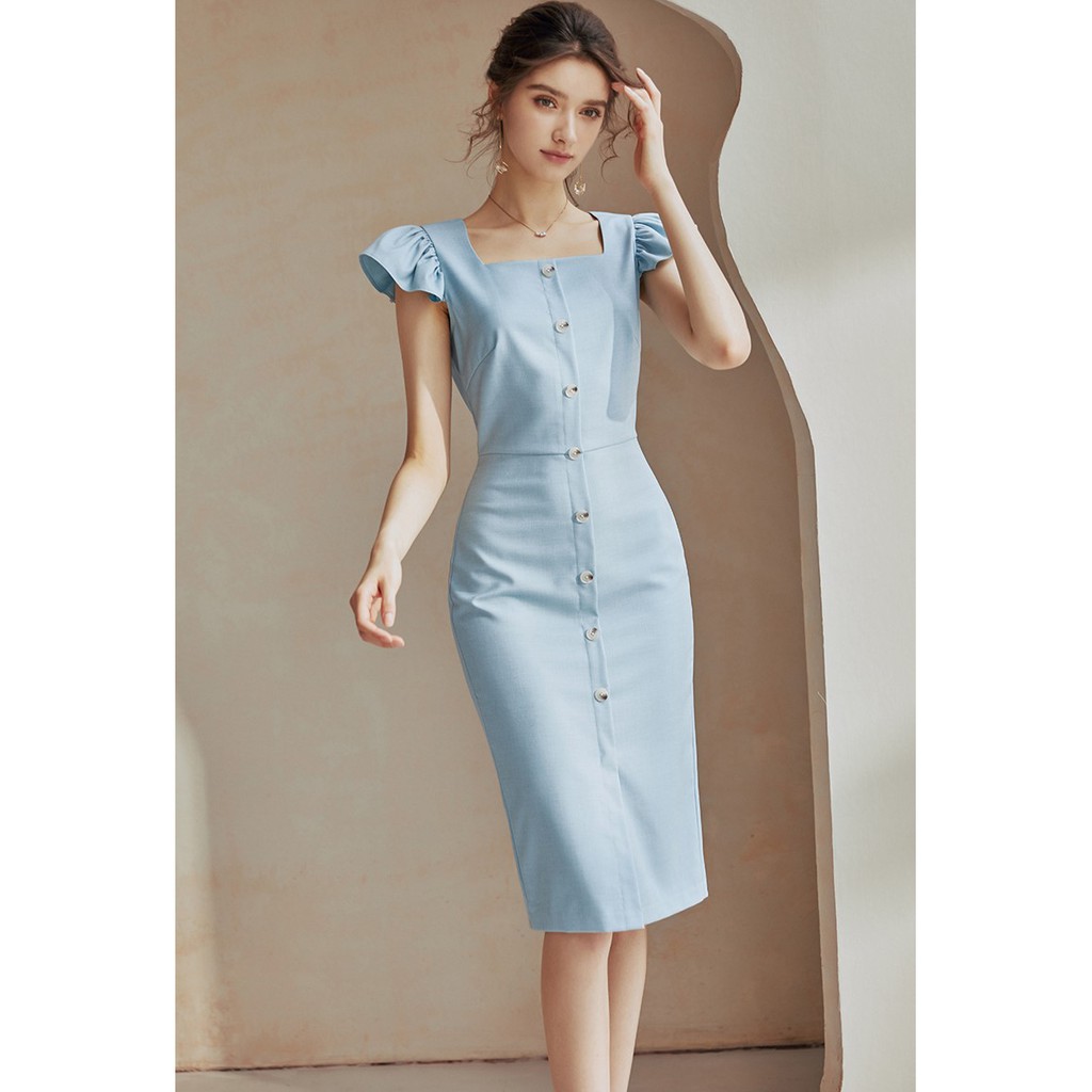 ĐẦM ĐI TIỆC CỔ VUÔNG TAY CÁNH TIÊN MÀU XANH BIỂN