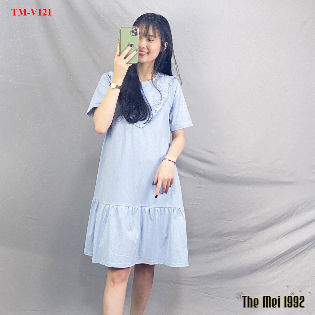 Váy thun suông nữ The Mei 1992 - Đầm bầu bigsize cố tròn kèm viền bèo dáng đuôi cá chất cotton thoáng mát | BigBuy360 - bigbuy360.vn