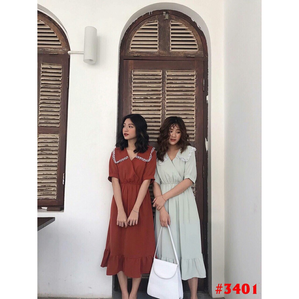 đầm vintage phối ren cổ