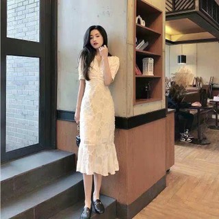 Đầm Midi Cổ V Đuôi Cá Kiểu Pháp