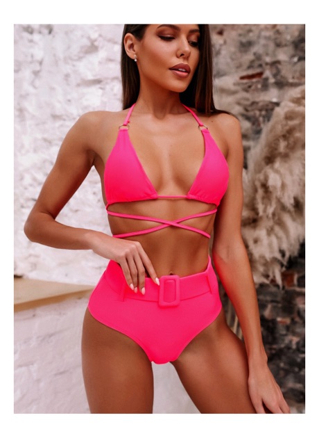 [BKN508] &lt;ÂU&gt; SET BIKINI BASIC KÈM BELT HỒNG NEON (CẠP CAO)