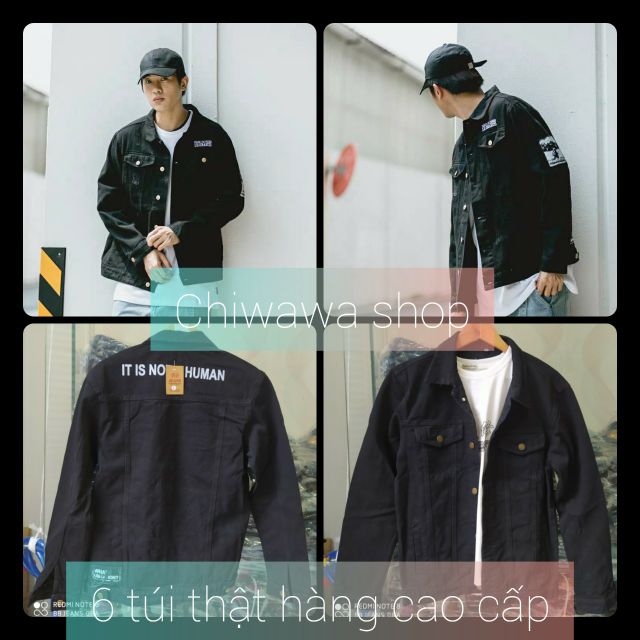 (VIP) Áo khoác jean nam màu đen form rộng cao cấp giá rẻ có 6 túi thật Human-Trơn