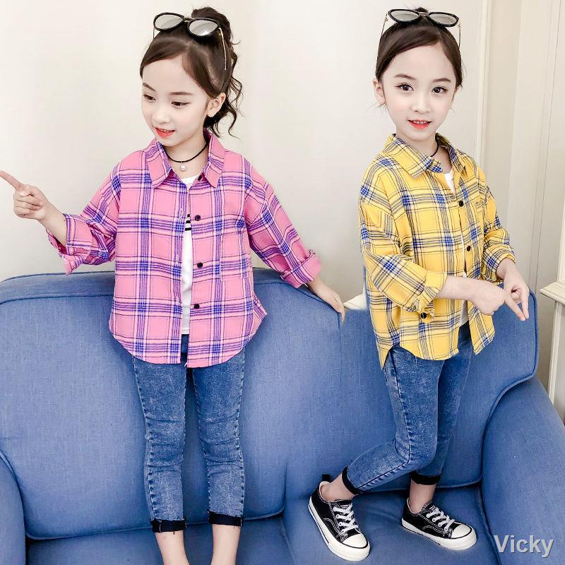AOHUI Bé gái mùa thu phong cách Hàn Quốc Áo sơ mi dài tay hở vai kiểu Tây, áo khoác kẻ sọc vừa và lớn trẻ em, bé trai 7-