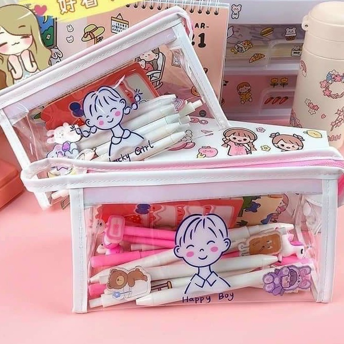 Túi đựng bút, hộp bút trong suốt chất liệu nhựa PVC chống thấm nước dành cho cả bé trai và gái