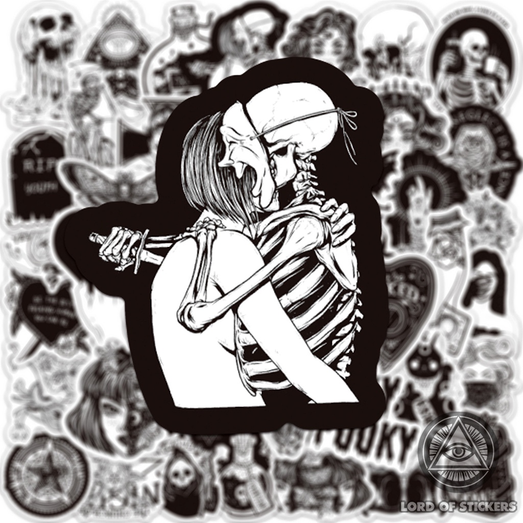 Set 100 Sticker Đen Trắng Graffiti Gothic Hình Dán Chống Thấm Nước Trang Trí Mũ Bảo Hiểm, Laptop, Điện Thoại, Đàn Guitar