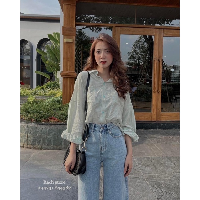 Set áo sơmi 2túi vuông tay phồng - Quần baggy 118 trơn ống rộng tua lai màu nhạt
