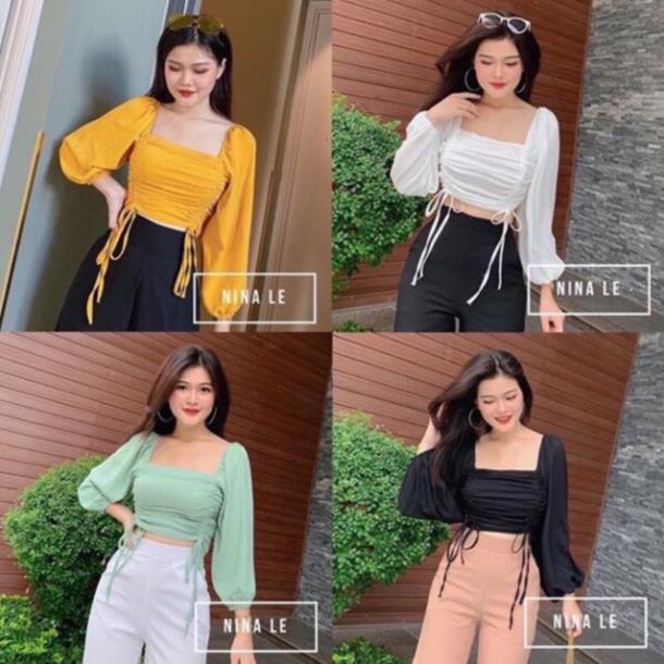 Áo kiểu chất voan rút dây 2 bên tay dài_áo croptop [Hàng Đẹp] | BigBuy360 - bigbuy360.vn