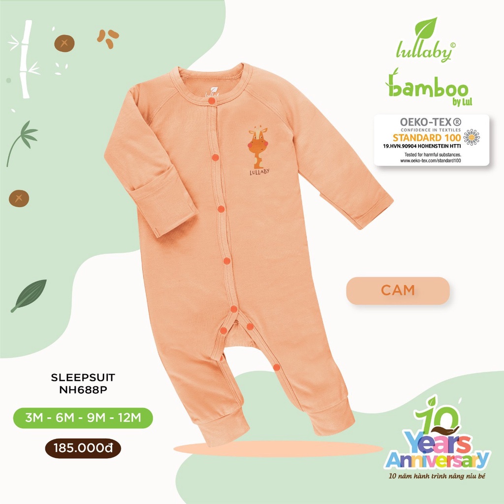 Bodysuit dài tay Lullaby Bamboo cao cấp mềm mịn thoáng mát thấm hút tốt trơn in thú nhỏ cho bé trai bé gái NH688P Sleep