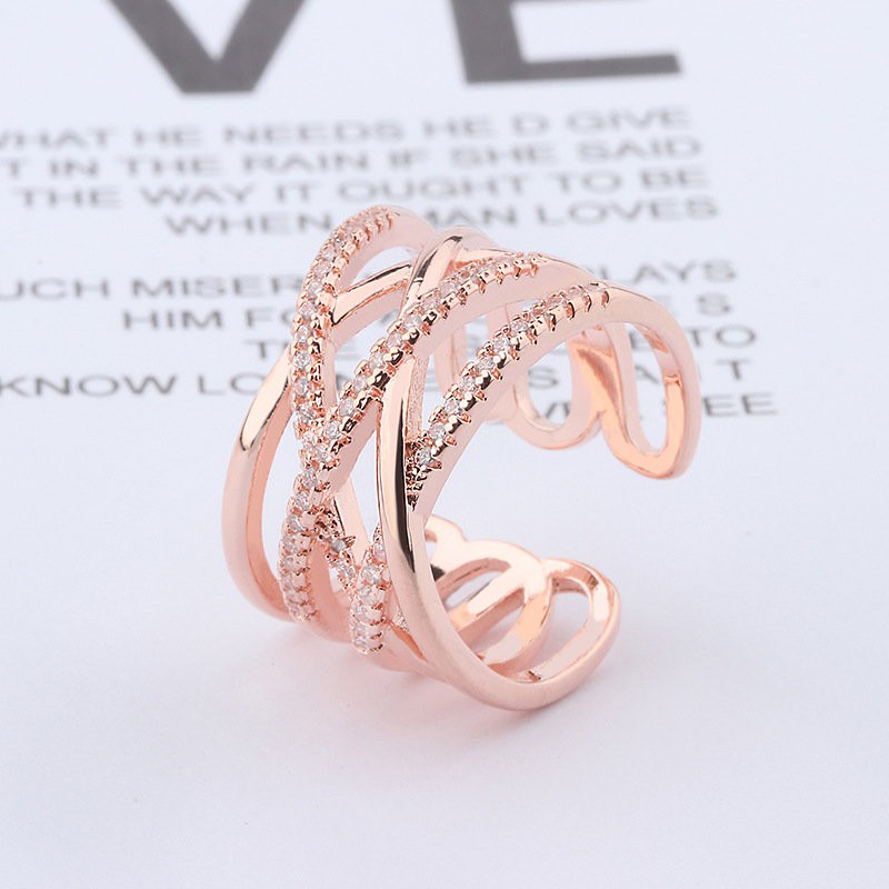Nhẫn hở màu vàng hồng đính kim cương giả chống thấm nước chống mồ hôi phong cách Âu Mỹ