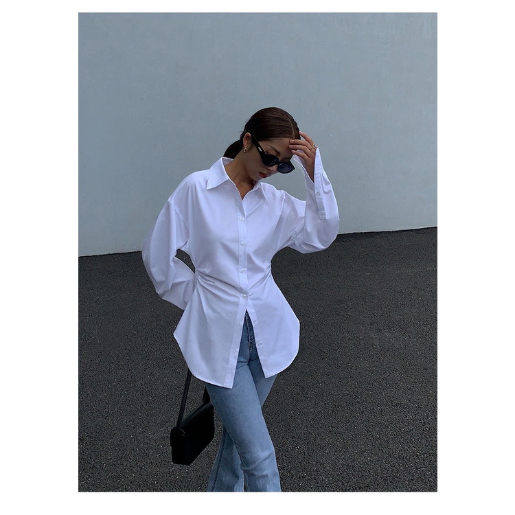 Áo Sơ Mi Trắng Thiết Kế Nhấn Eo Thời Trang Xuân Thu Cho Nữ