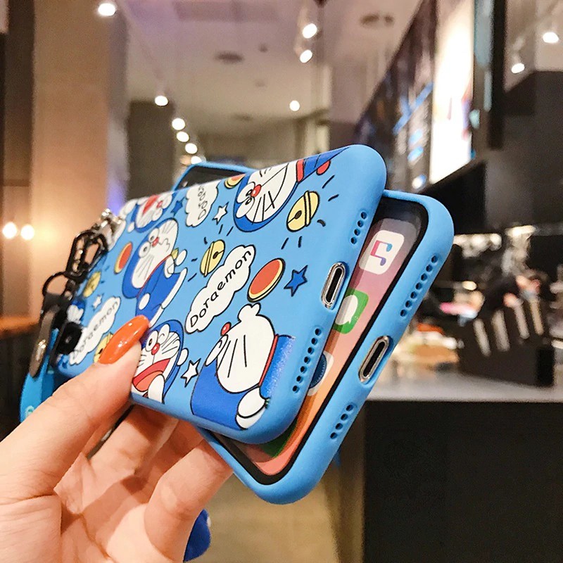 Ốp điện thoại có giá đỡ kiêm gương và dây đeo Doraemon cho OPPO A37 NEO 9 A57 F3 lite AX5S A9 2020 A11X Realme C1 A12E