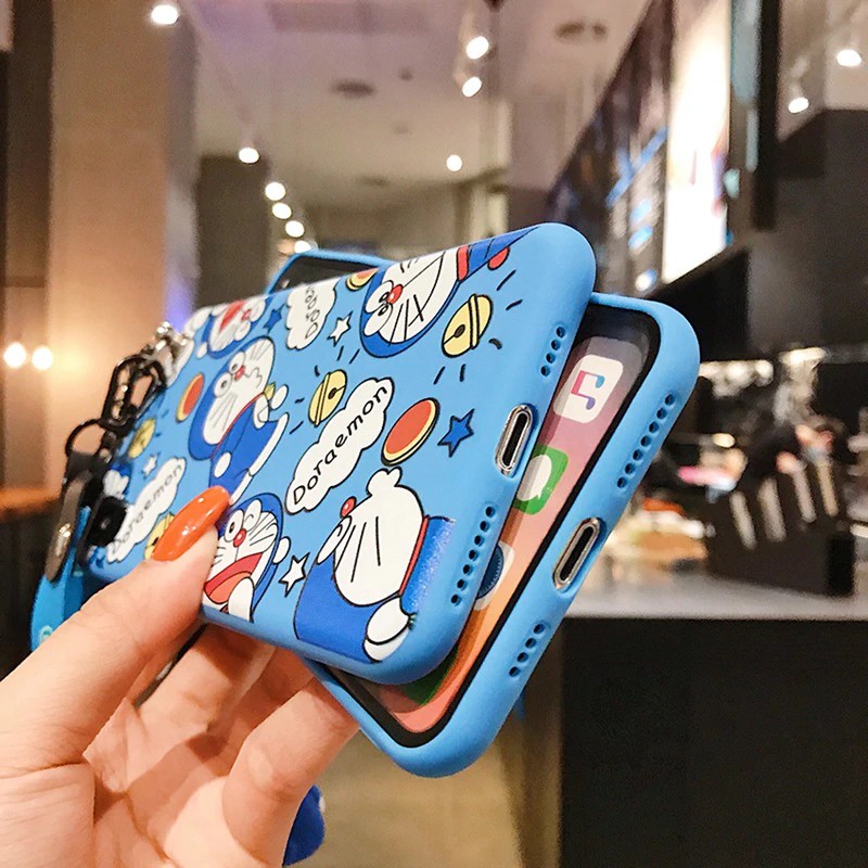 （P43）Ốp điện thoại có giá đỡ kiêm gương và dây đeo Doraemon cho Samsung Galaxy A20 A30 M10S A205 A305 A20S A50 A70 A70s A71