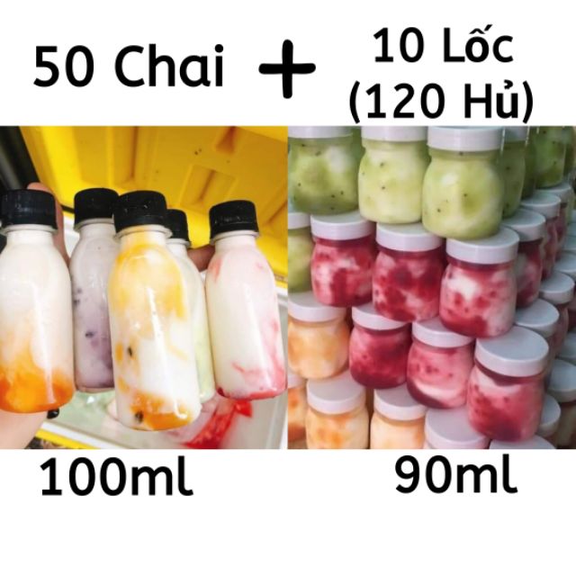 Combo 50 Chai 100ml Rỗng Kèm Nắp Đen+10 Lốc Rỗng Sữa Chua Kèm Nắp