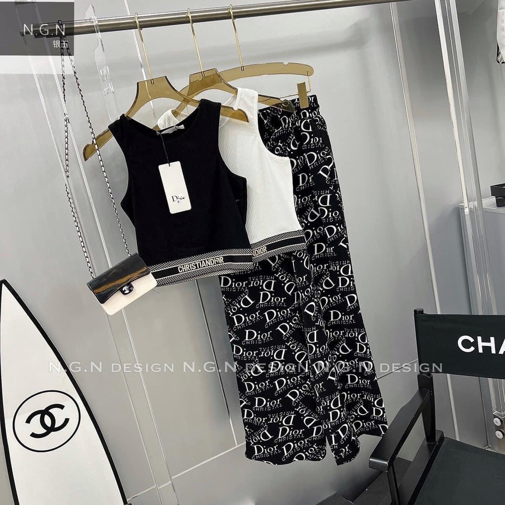 Set bộ croptop bo dệt chữ quần ống rộng họa tiết chữ DN100