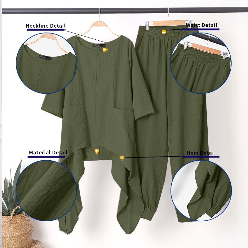 Set đồ ZANZEA tay áo 3/4 dáng rộng màu trơn có túi thời trang sành điệu cho nữ