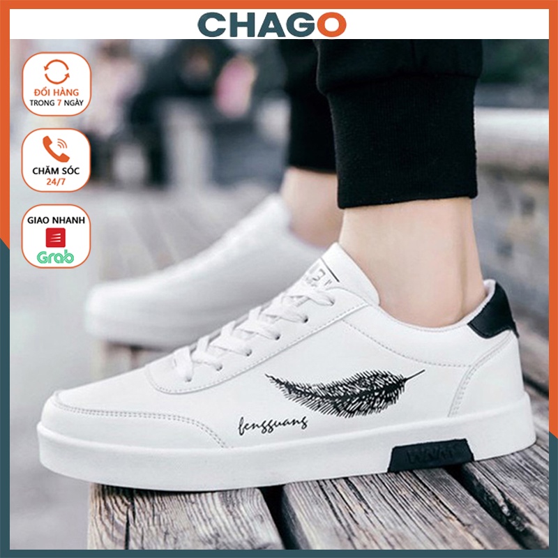 Giày thể thao sneaker nam nữ màu trắng họa tiết lông vũ độc đáo dễ lau sạch bẩn giày dép nam Chago GTT099