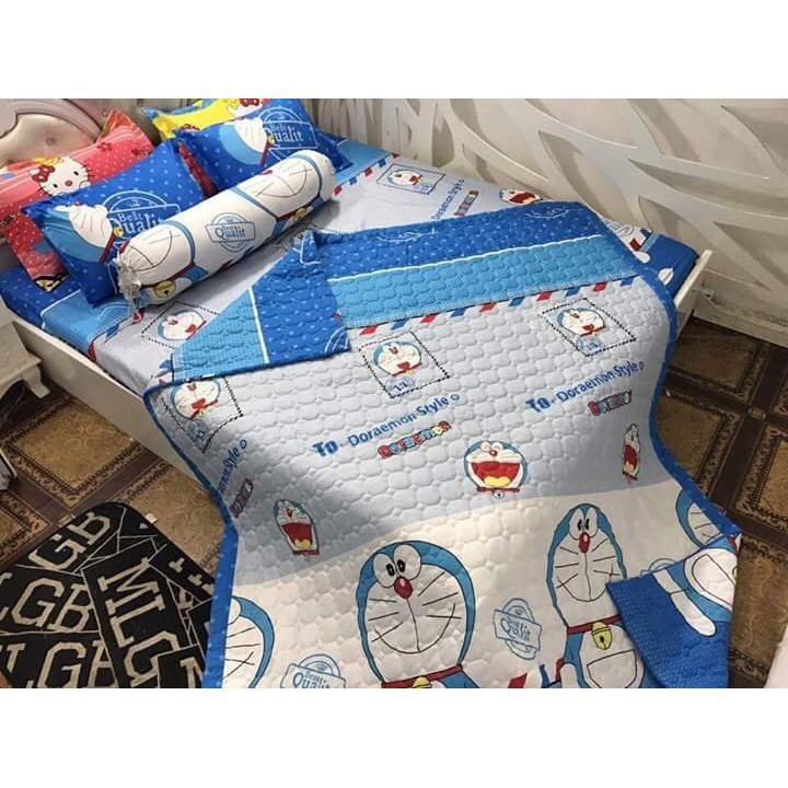 Sỉ Bộ Chăn Hè Ga Gối Kèm Vỏ Gối Ôm set 5 món Sally Mẫu DORAEMON TEM THƯ