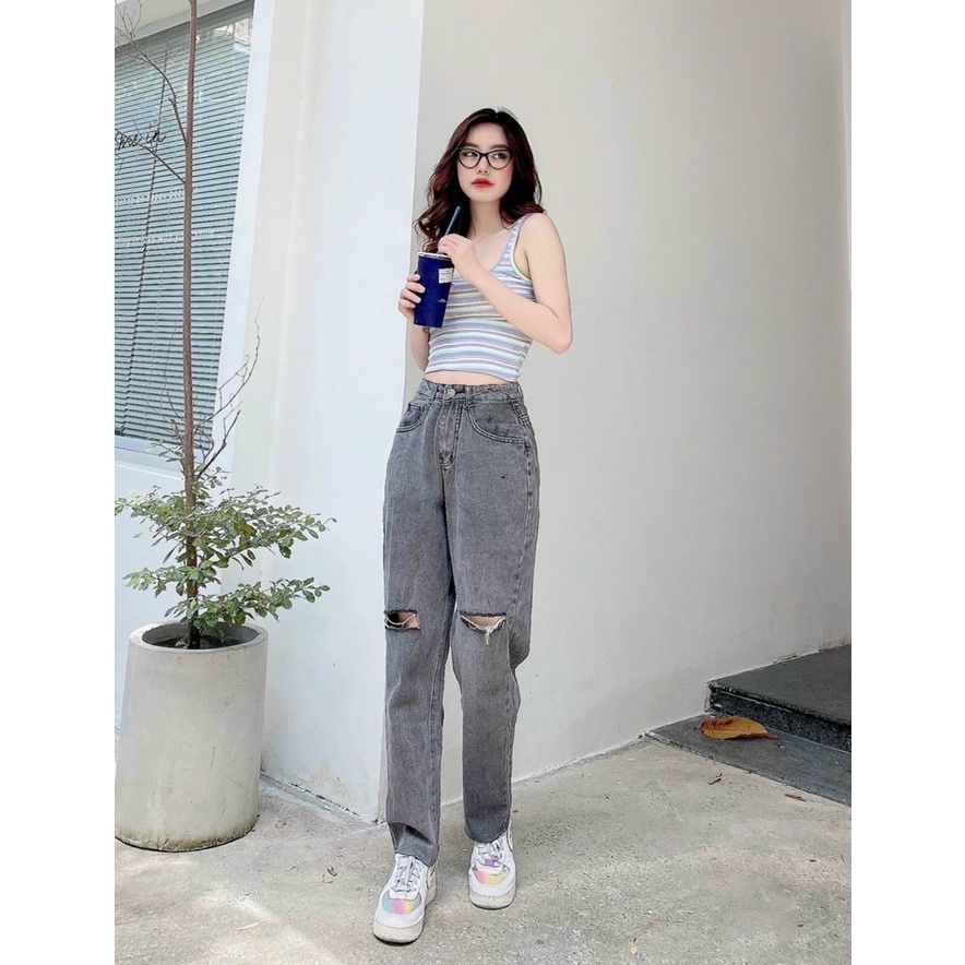 Quần jean nữ baggy ống bo rách gối chất vải Jean Denim dày bền màu, không dãn William - AT152