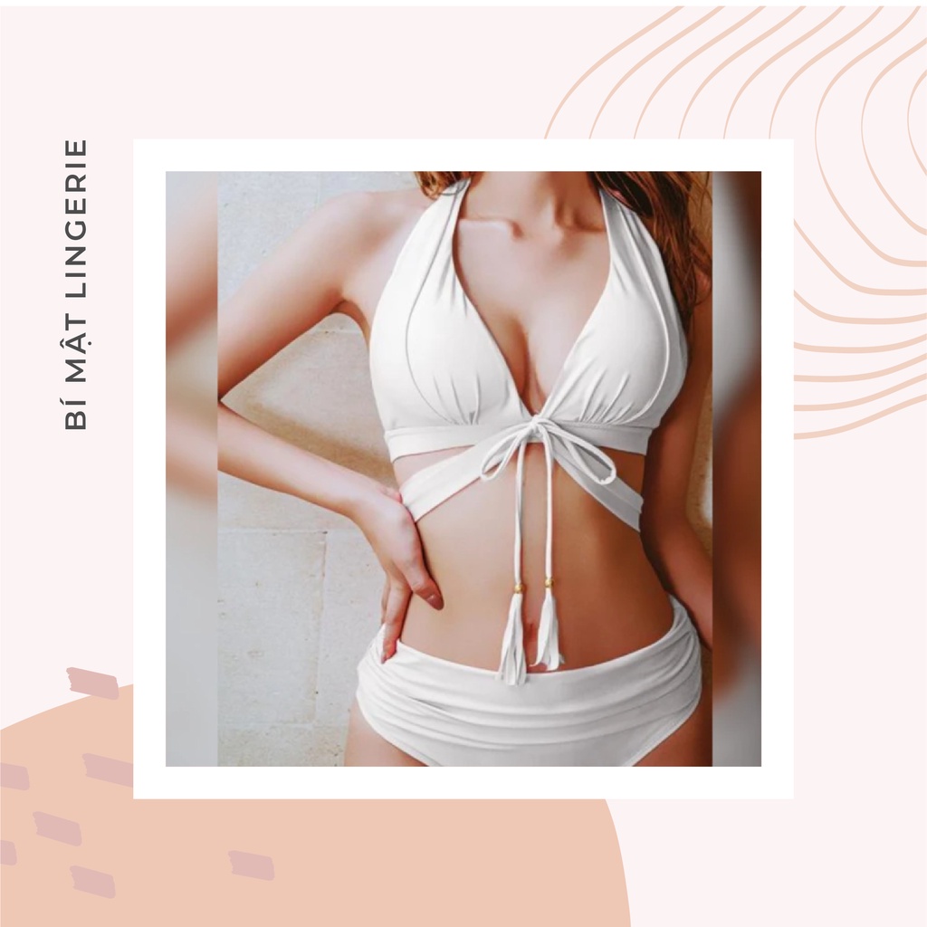 Bikini đồ bơi che bụng thắt nơ eo buộc tua rua ngực basic tôn dáng
