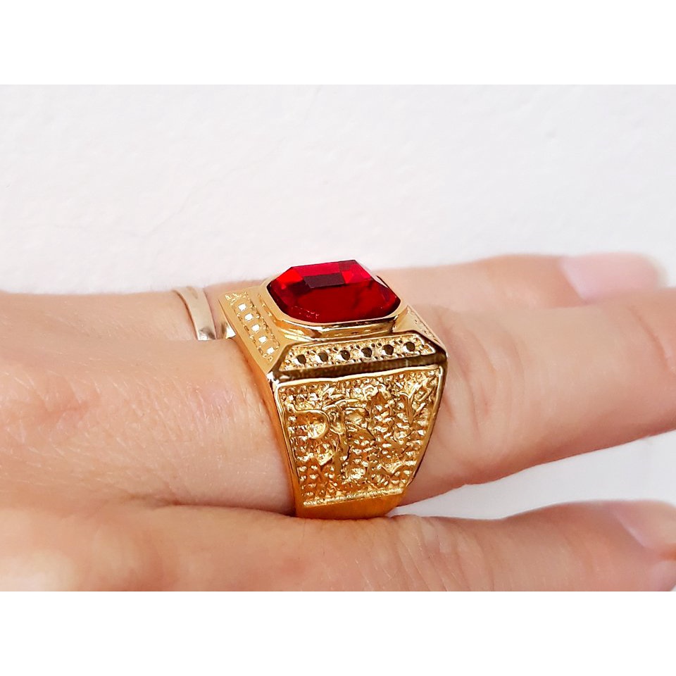Nhẫn nam mạ vàng 24k, mặt đá vuông đỏ kiểu chiến binh NG0070