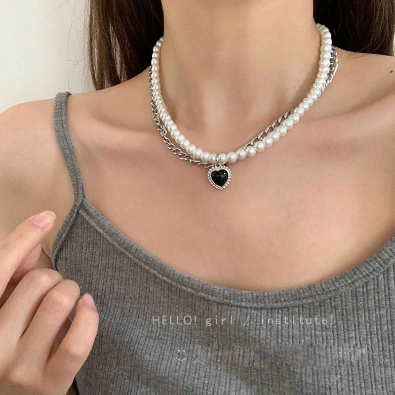 Vòng cổ Hai Lớp Đính Hạt Ngọc Trai Đen