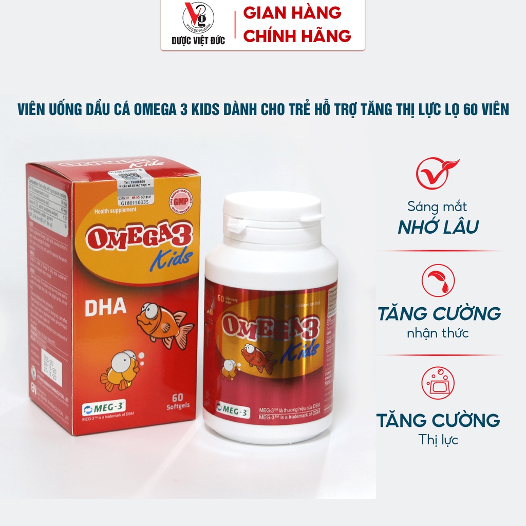 Viên dầu cá Omega 3 Kids dành cho trẻ em giúp hỗ trợ cải thiện thị lực và não bộ lọ 60 viên