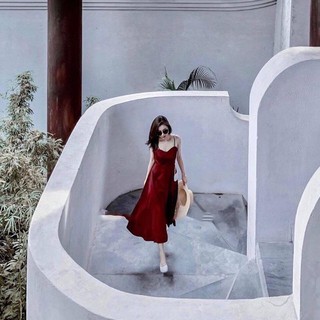 ĐẦM MAXI 2 DÂY ĐAN NƠ LƯNG ĐỎ ĐÔ FREE SIZE