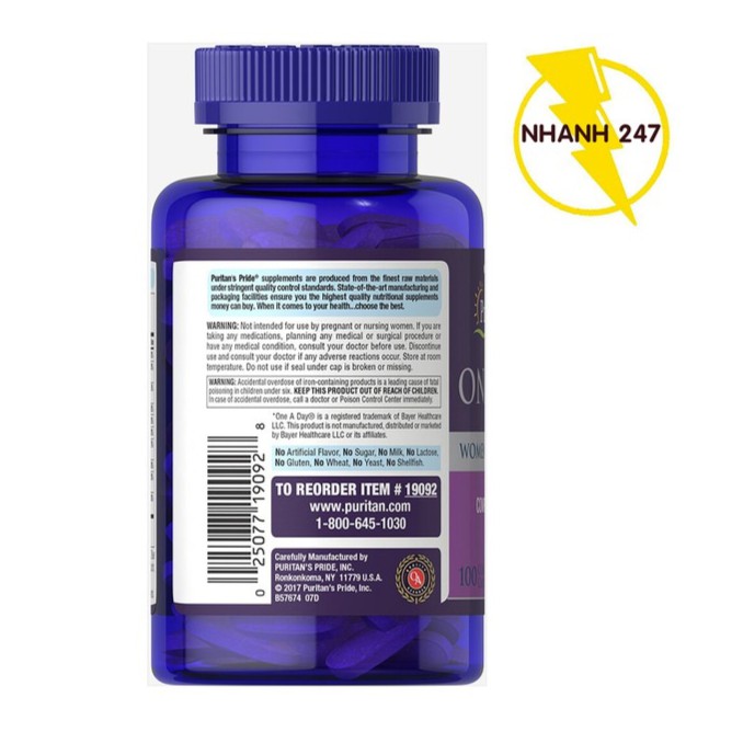 Vitamin tổng hợp cho phụ nữ 1 viên/ngày Puritans Pride One Daily Womens Multivitamin 100 viên HSD tháng 4/2020