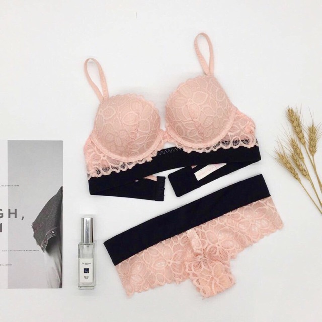 Bộ đồ lót thun ren mút siêu dày hiệu pink hàng xuất khẩu cao cấp - V429
