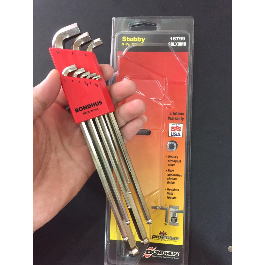 BONDHUS-bộ lục giác hệ Met , đầu cụt , 9 cây , cán dài. sản xuất tại Mỹ.