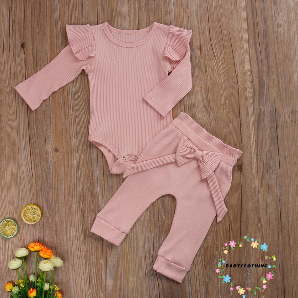 Set Áo Liền Quần Cotton Dài Tay Kèm Nơ Cho Bé Gái