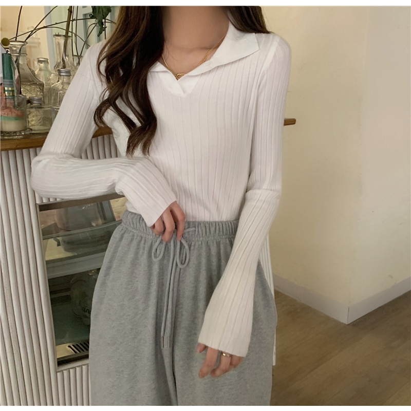 Áo dệt kim ZHELIHANGFEI cổ polo tay dài ôm dáng xinh xắn cho nữ
