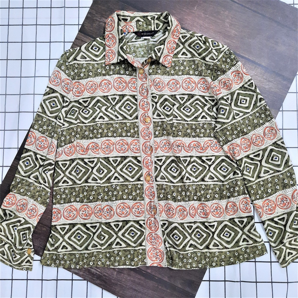 Áo sơ mi dài tay hiệu Hàn họa tiết xanh cốm  - Thanh lý cá nhân sơ mi vintage - HT4-A