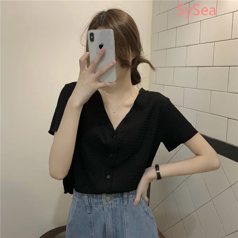 Áo Sơ Mi Cổ Chữ V Màu Sắc Ngọt Ngào Phong Cách Pháp Thời Trang Mùa Hè Cho