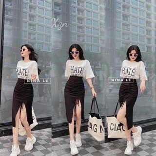 ⚡𝙎𝙄𝙀̂𝙐 𝙎𝘼𝙇𝙀⚡ Set bộ áo thun in chữ kèm chân váy xẻ tà hack chân tôn dáng thời trang, Chất thun coton thoải mái khi mặc