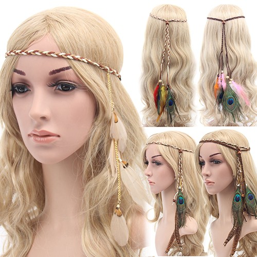 Vòng đeo đầu gắn lông vũ phong cách Hippie