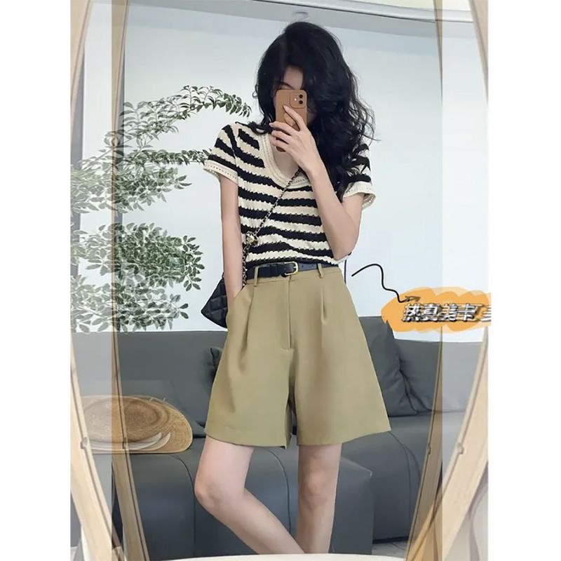 Áo phông nữ Áo Dệt Kim Áo Tanktop Ngắn Tay Họa Tiết Kẻ Sọc Thời Trang Hàn Quốc Cho Nữ