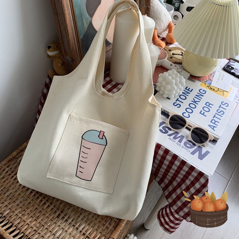Túi vải túi tote vải vanvas liền thân có ngăn ngoài hoạ tiết trà sữa Superbag668 283