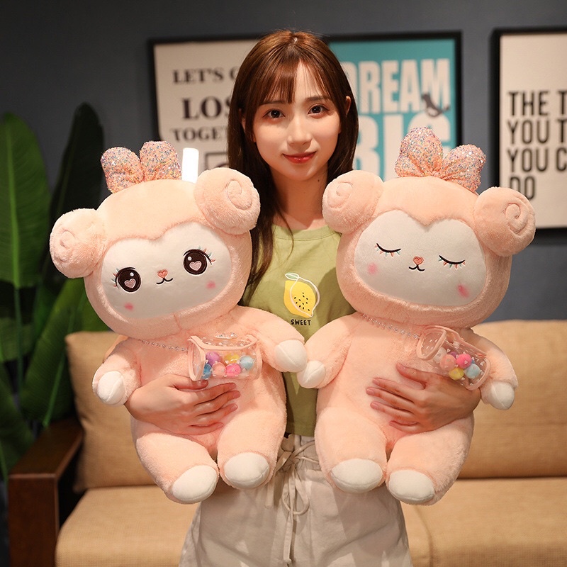 Gấu Bông Cừu Hồng Đeo Túi, Hàng siêu cấp, Lông mượt